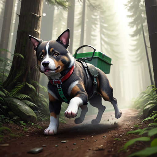 a dog is running through the woods with a green box on his back and a red leash on his neck