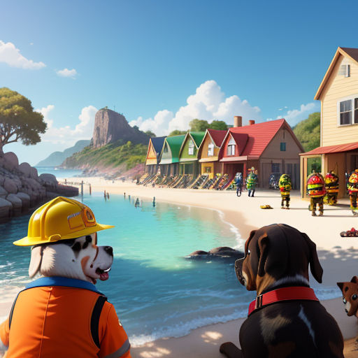 a dog and a fireman are on the beach with their dogs looking at the firemen in the water