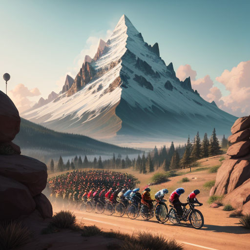 a painting of a group of cyclists riding down a road in front of a mountain range with a snow capped peak