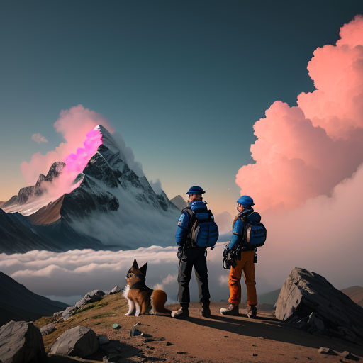 two people and a dog standing on a mountain top with a pink sky in the background and a mountain range in the foreground
