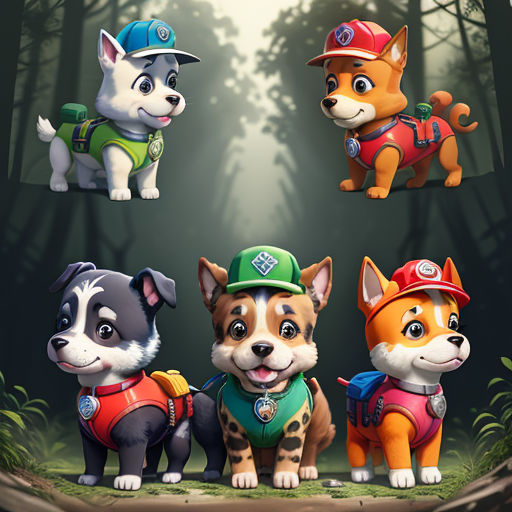 a group of dogs standing next to each other in the forest with a forest background and a forest background