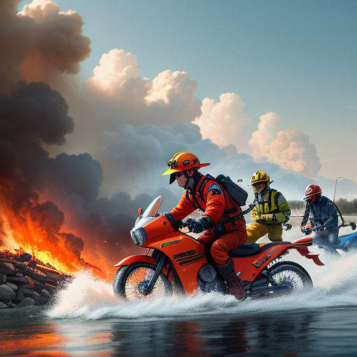 a group of people riding on the back of a motorcycle through a river of water with a fire in the background