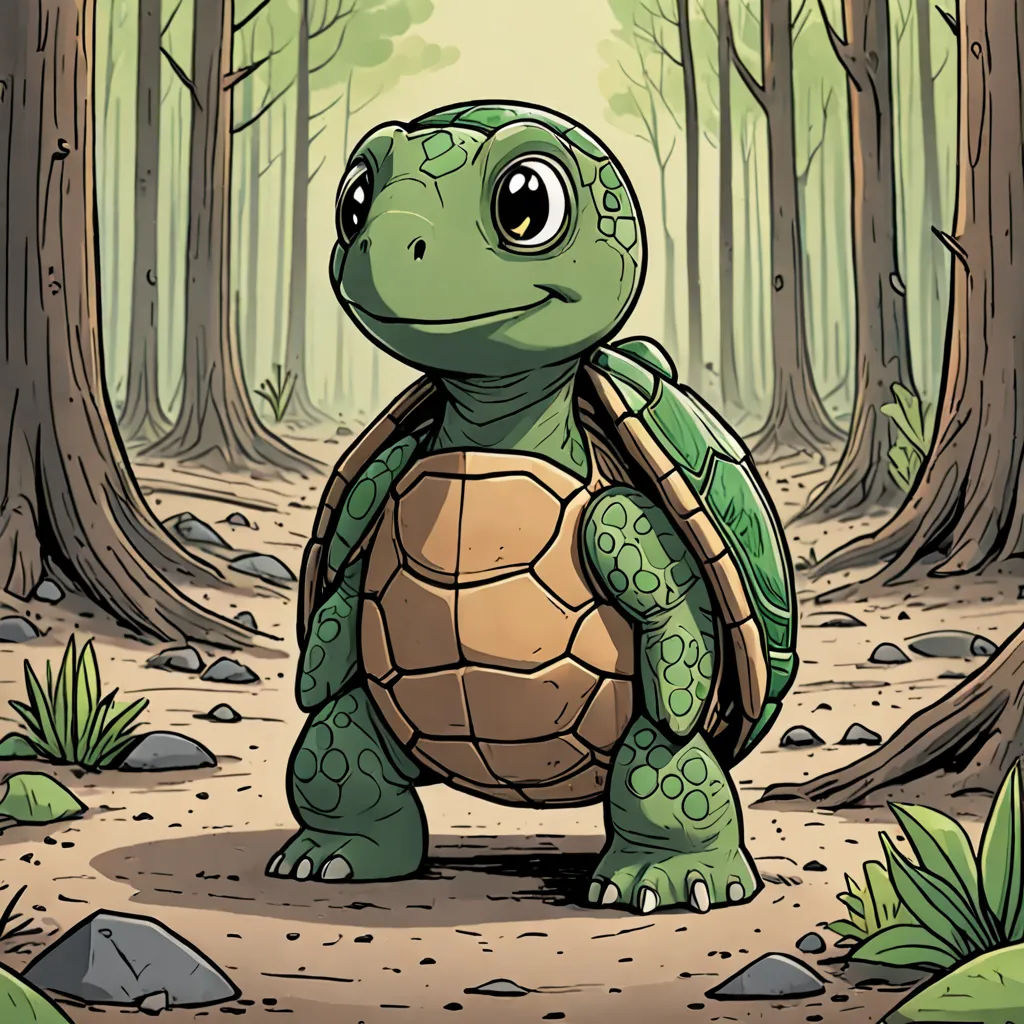 a cartoon turtle is standing in the middle of a forest with trees and rocks on the ground and a forest floor, sots art, a storybook illustration, Dan Mumford, josan gonzales and dan mumford