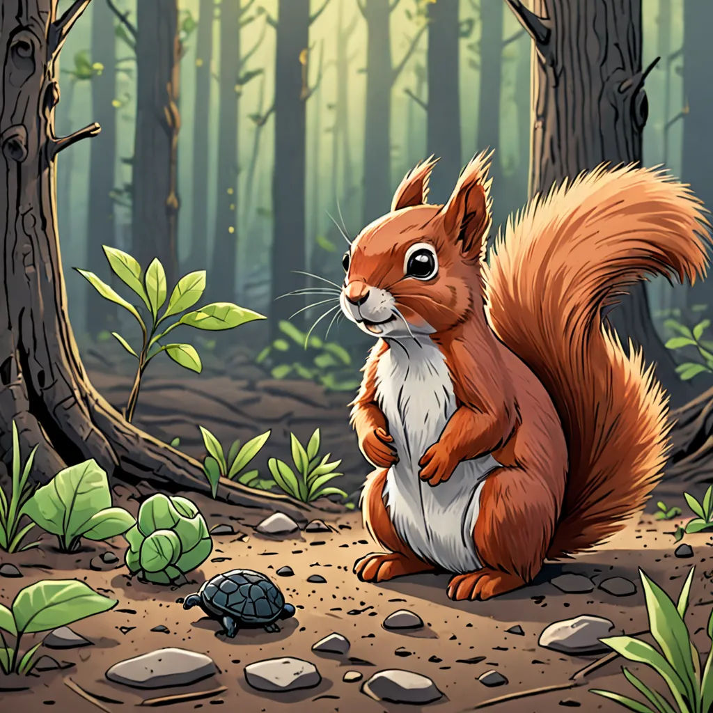 a squirrel sitting in the middle of a forest with a turtle nearby on a dirt ground with leaves and rocks, sots art, a storybook illustration, Chris LaBrooy, storybook illustration