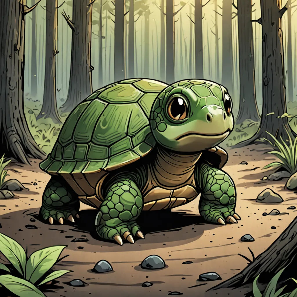 a cartoon turtle is walking through a forest with trees and rocks on the ground and a forest floor with trees and rocks on the ground, sots art, a character portrait, Dan Mumford, josan gonzales and dan mumford