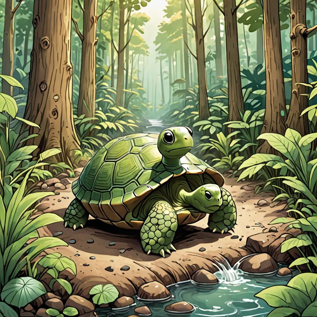 a turtle is sitting on a rock in the middle of a forest with a stream running through it and trees and rocks, fantasy art, a storybook illustration, Chris LaBrooy, golden ratio illustration
