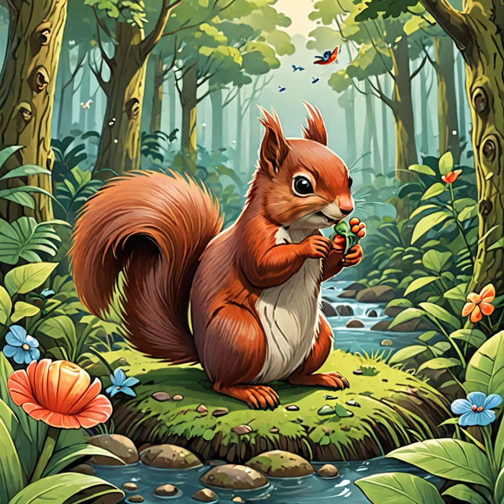 a squirrel eating a leaf in a forest with a stream running through it and butterflies flying around it,, fantasy art, a storybook illustration, Chris LaBrooy, official art