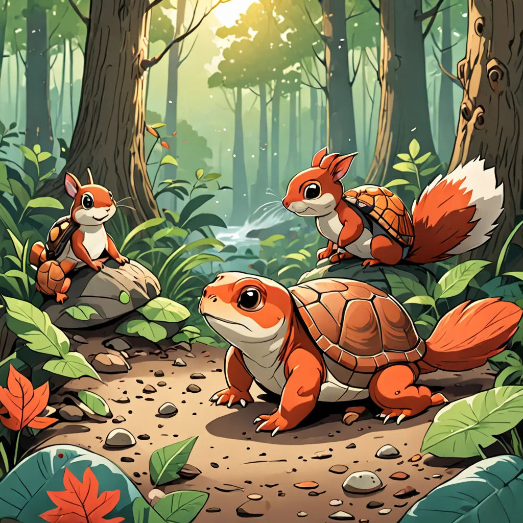 a couple of animals that are in the woods together on a path in the woods with leaves and rocks, sots art, a storybook illustration, Chris LaBrooy, game art