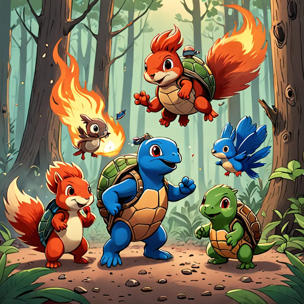 a group of cartoon animals in the woods with fire coming from their backs and a squirrel running away from them, sots art, concept art, Dan Mumford, splash art
