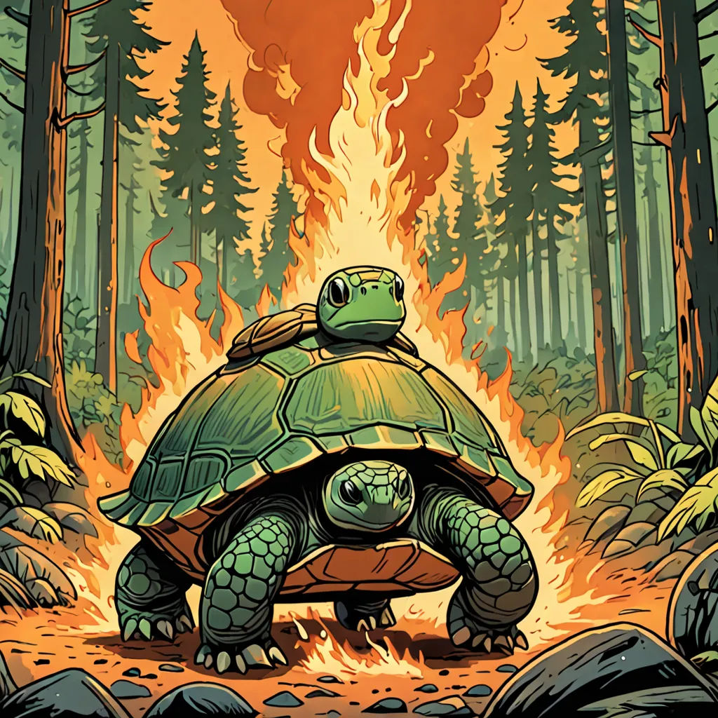 a cartoon of a turtle sitting on a fire in the woods with a forest fire in the background and a forest fire in the background, environmental art, an illustration of, Dan Mumford, josan gonzales and dan mumford