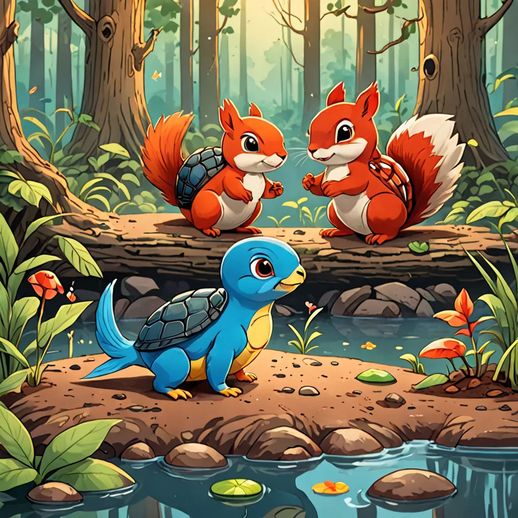 a couple of animals that are standing in the dirt near a river and trees with leaves on it and a pond, sots art, a storybook illustration, Chris LaBrooy, game art