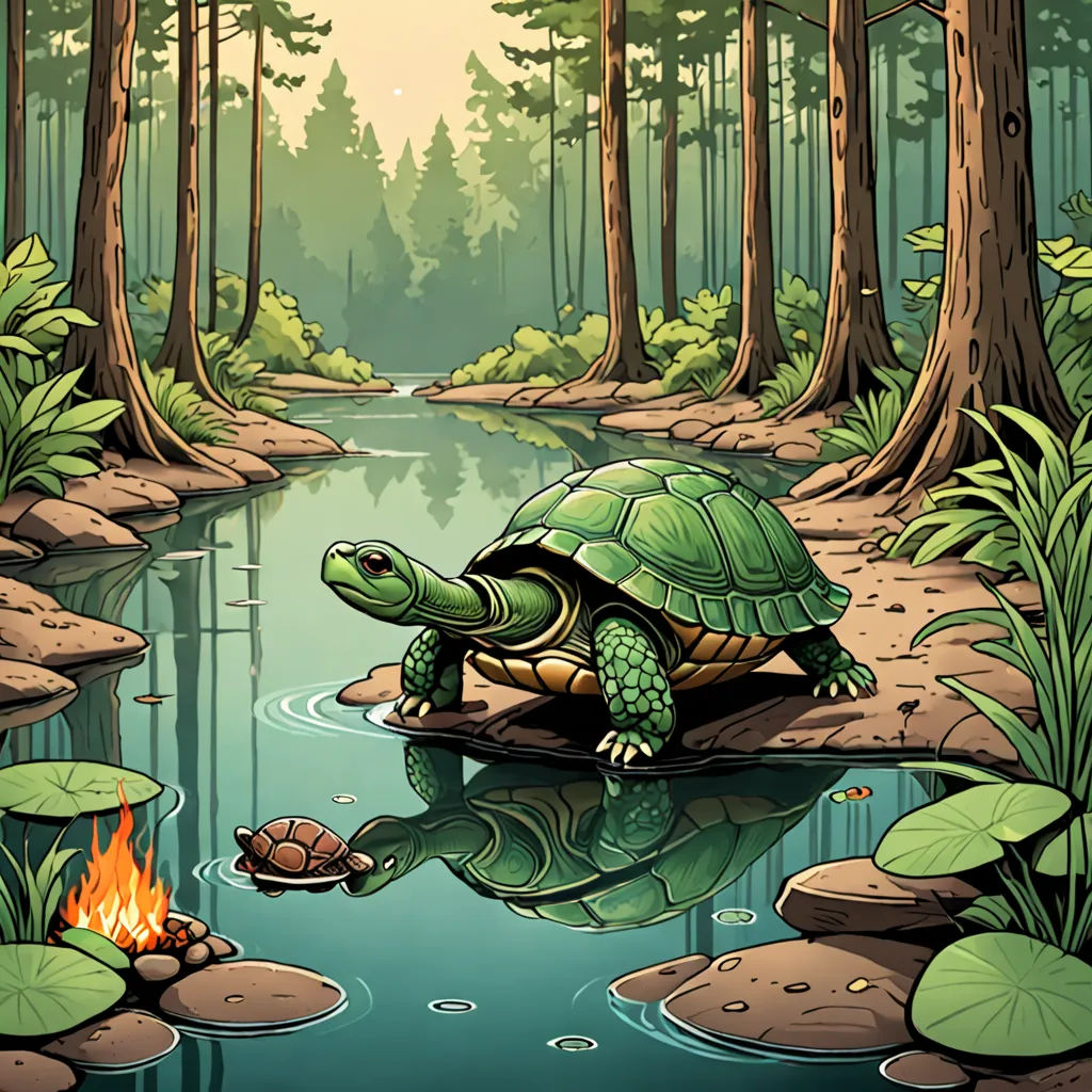 a turtle is sitting on a rock in a pond of water and a fire is burning in the background, environmental art, a storybook illustration, Dan Mumford, storybook illustration