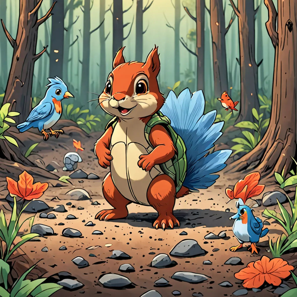 a squirrel with a backpack is standing in the woods with other birds and flowers around him and a bird is sitting on the ground, sots art, a storybook illustration, Chris LaBrooy, official art