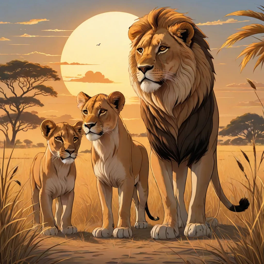 a painting of three lions standing in a field with a sunset in the background and a full moon in the sky, lyco art, an oil painting, Brothers Hildebrandt, wildlife photography