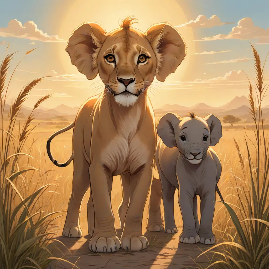 a lion and a baby elephant standing in a field of grass with the sun in the background and a sky with clouds, furry art, a digital painting, Brothers Hildebrandt, official art