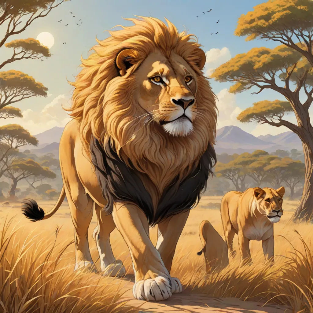 a painting of a lion and a lion cub walking through a field of grass and trees with a full moon in the background, fantasy art, an oil painting, Chris LaBrooy, magic the gathering artwork