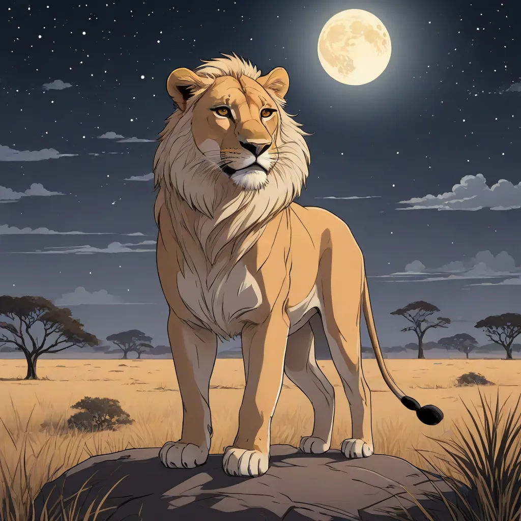 a lion standing on a rock in the middle of a field with a full moon in the background and trees in the foreground, furry art, a character portrait, Carlos Catasse, majestic