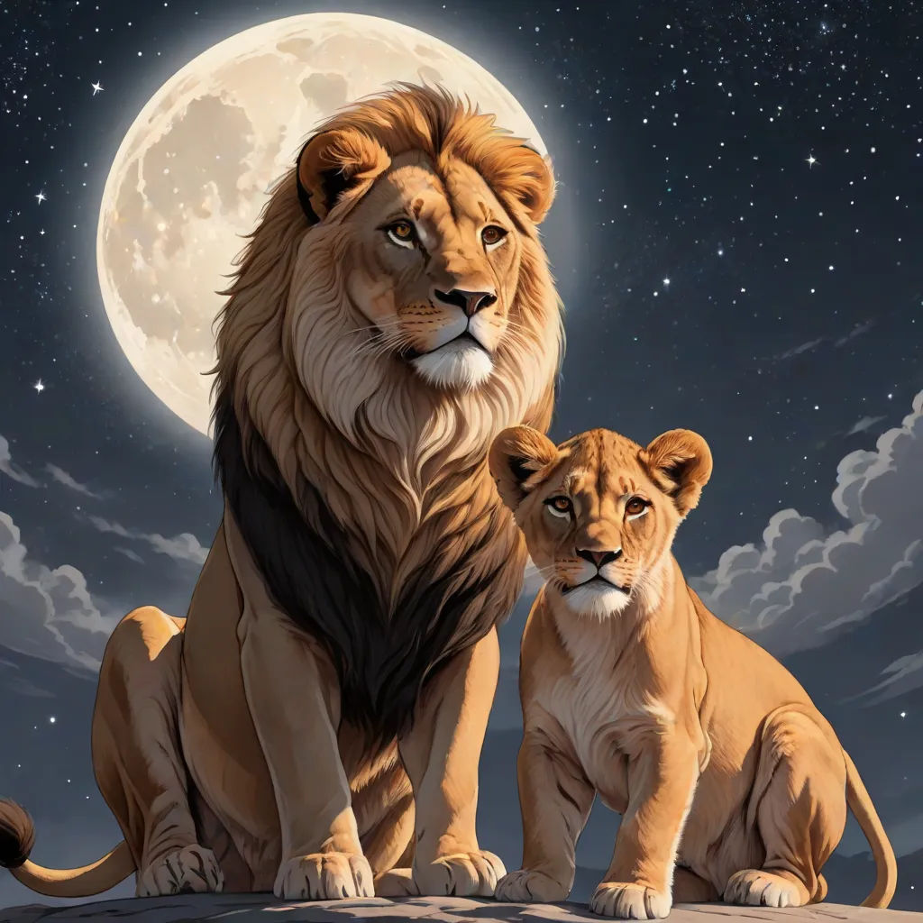 a lion and a lioness sitting on a rock under a full moon sky with clouds and stars in the background, lyco art, a digital painting, Brothers Hildebrandt, highly detailed digital painting