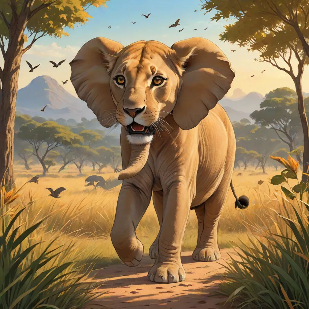 a painting of a lion walking through a field of grass and trees with birds flying around it and a bird in the background, fantasy art, an airbrush painting, Chris LaBrooy, magic the gathering artwork