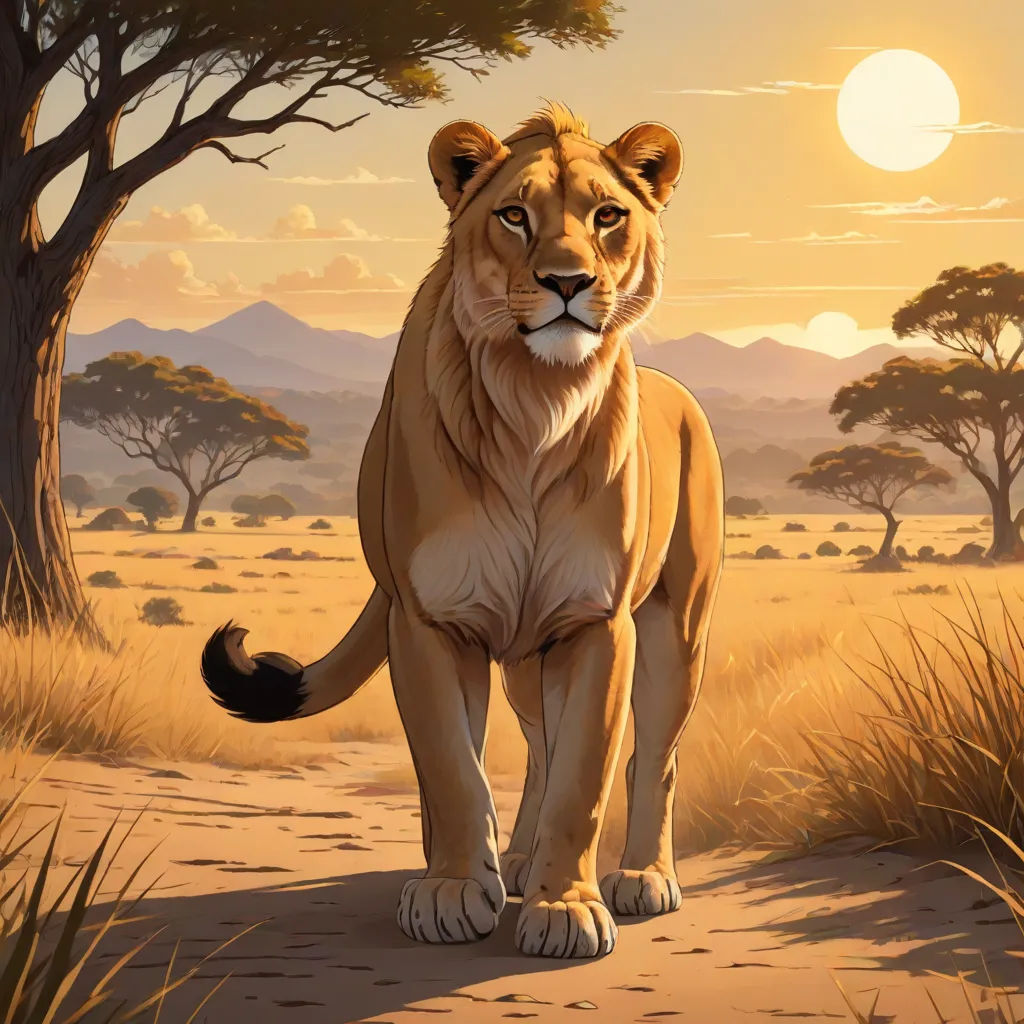 a painting of a lion standing in the middle of a desert area with trees and bushes in the background, furry art, an airbrush painting, Chris LaBrooy, official art