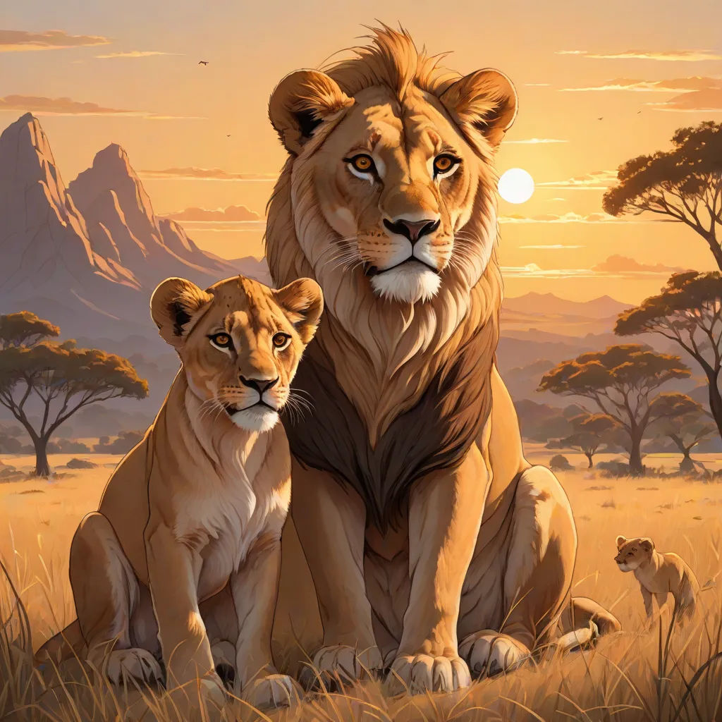 a painting of two lions sitting in a field with a mountain in the background and a full moon in the sky, furry art, an oil painting, Brothers Hildebrandt, official art