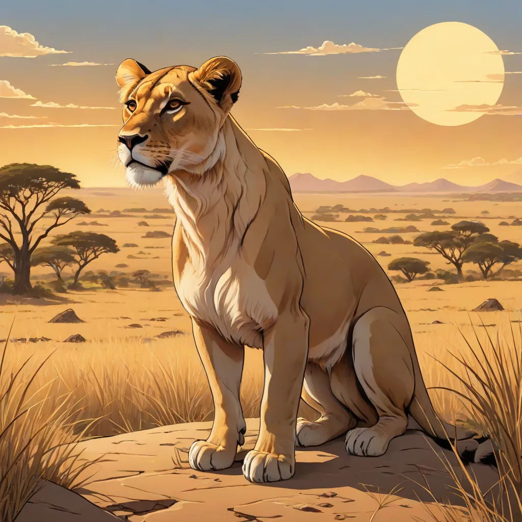 a lion sitting on a rock in the middle of a desert area with a full moon in the background, furry art, an illustration of, Brothers Hildebrandt, photoreal