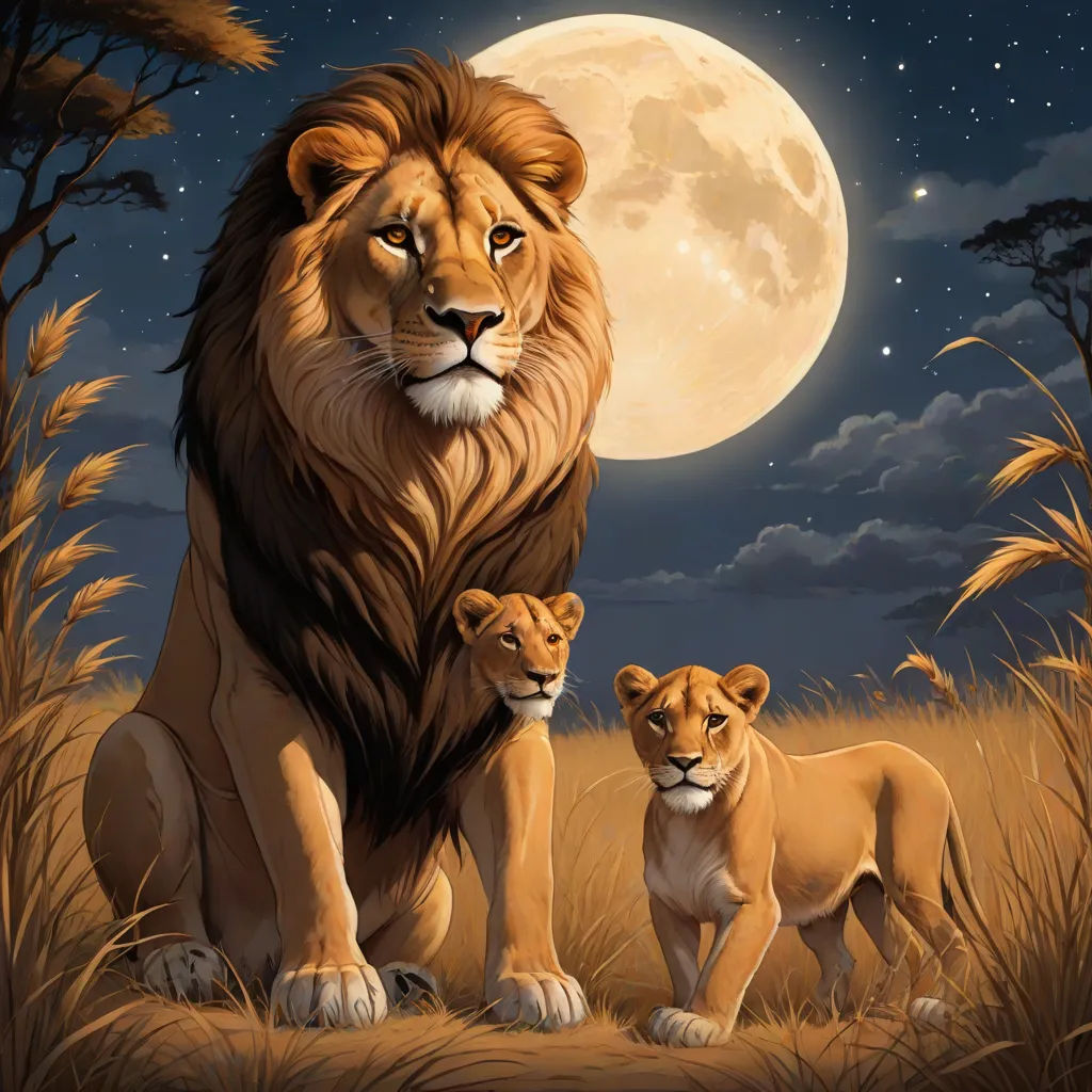 a lion and her cub are standing in the grass under a full moon sky with the moon behind them, lyco art, an oil painting, Art Brenner, wildlife photography