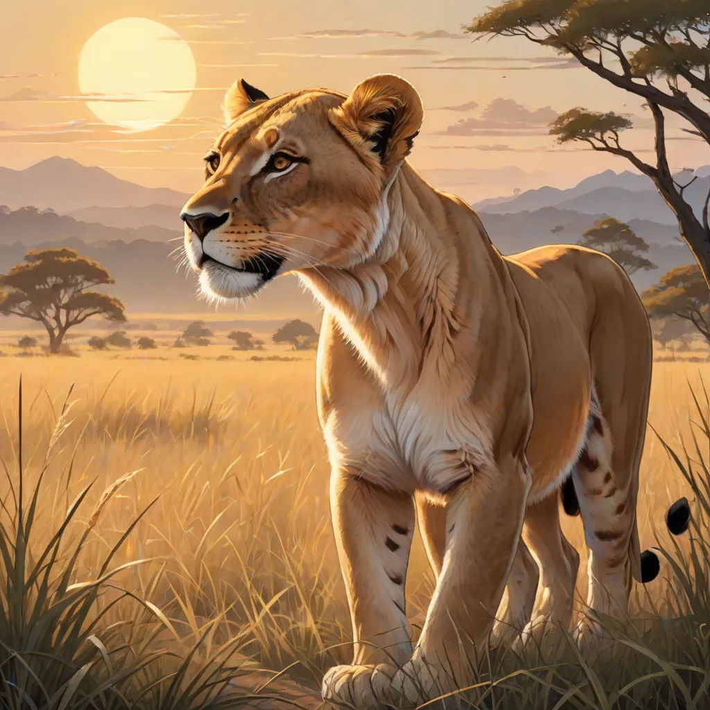 a painting of a lion in a field of grass with the sun in the background and trees in the foreground, furry art, an airbrush painting, Brothers Hildebrandt, photoreal