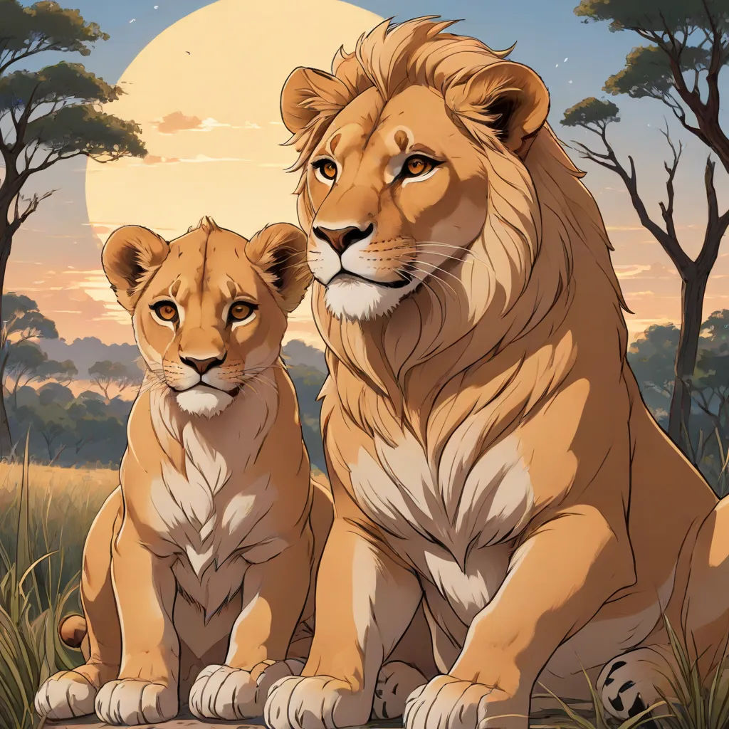 a couple of lions sitting next to each other on a field of grass with trees in the background and a full moon in the sky, furry art, a digital painting, Brothers Hildebrandt, official art
