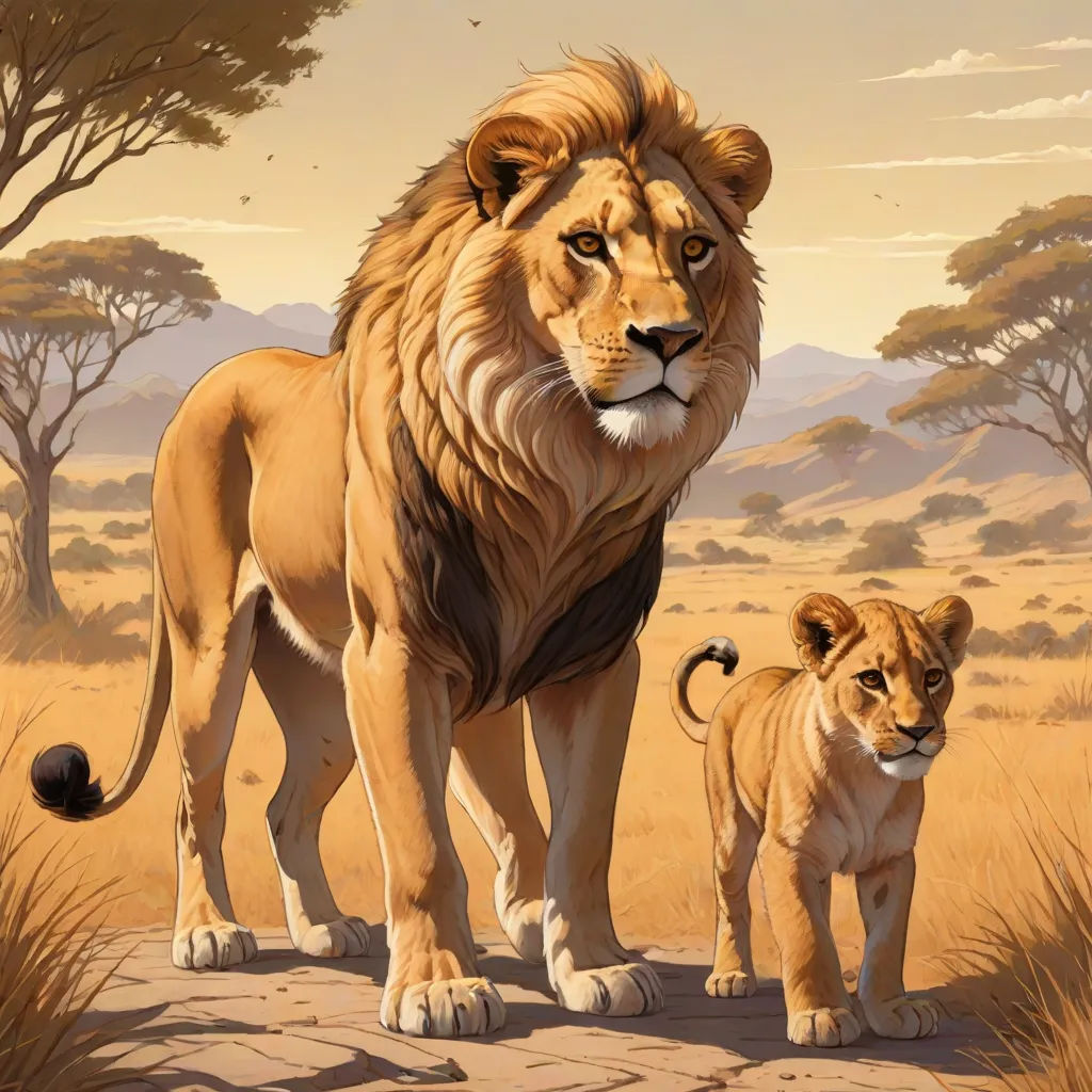 a painting of a lion and a cub walking in the desert with trees in the background and a sky background, furry art, an oil painting, Brothers Hildebrandt, official art