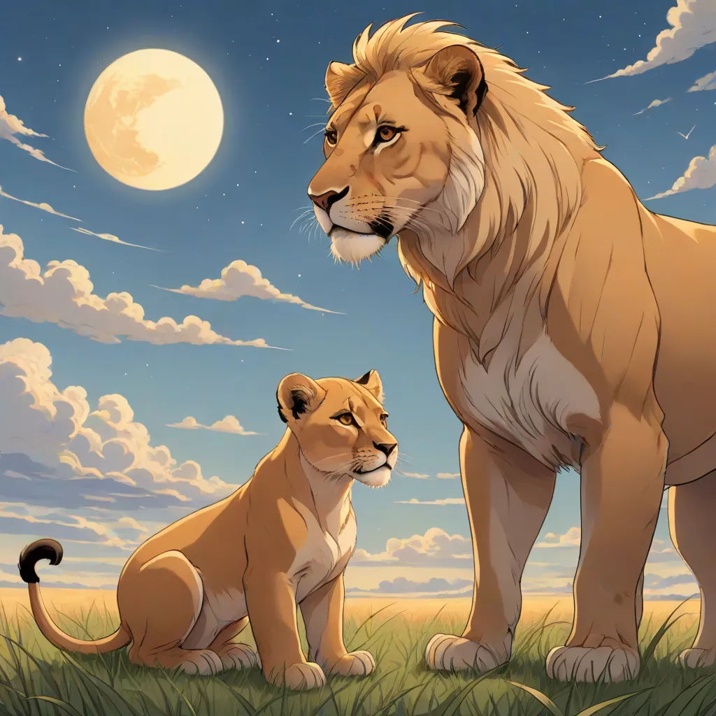 a lion and a lion cub sitting in the grass under a full moon sky with clouds and a full moon, furry art, a painting, Brothers Hildebrandt, official art