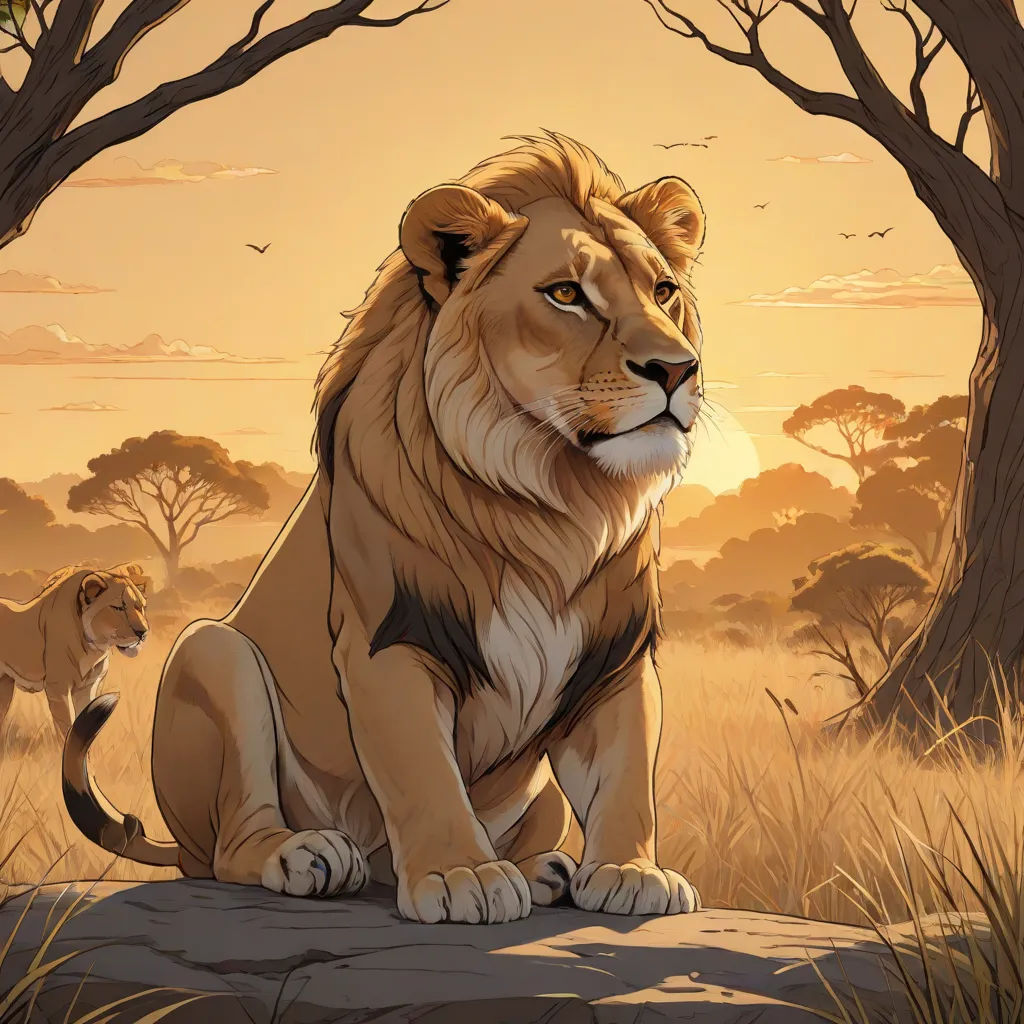 a lion sitting on a rock in a field with a lion in the background and a tree in the foreground, furry art, a painting, Chris LaBrooy, official art