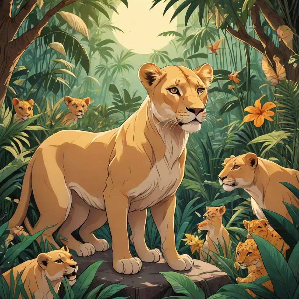 a painting of a lion and cubs in a jungle setting with flowers and trees around them and a butterfly flying overhead, furry art, an album cover, Chris LaBrooy, official art