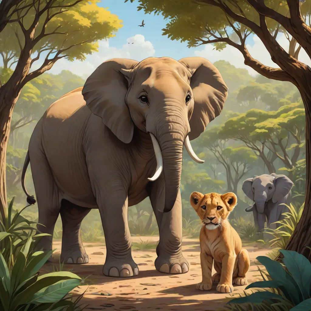 a painting of an elephant and a lion in a forest with trees and bushes, with a baby lion sitting in the foreground, american scene painting, an airbrush painting, Chris LaBrooy, official art