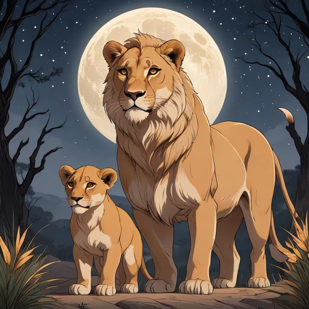 a lion and a cub standing in front of a full moon with trees and bushes in the background,, furry art, an album cover, Anne Stokes, official art