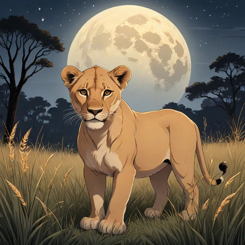 a lion standing in a field with a full moon in the background and trees in the foreground,, lyco art, a character portrait, Anne Stokes, full moon