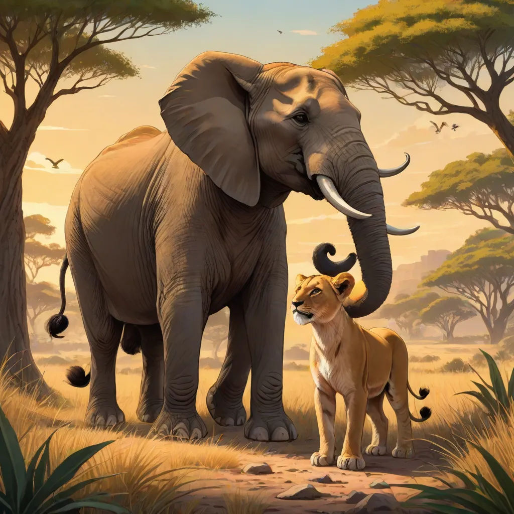 a painting of a lion and a elephant in a jungle setting with trees and birds in the background,, fantasy art, a digital painting, Chris LaBrooy, official art