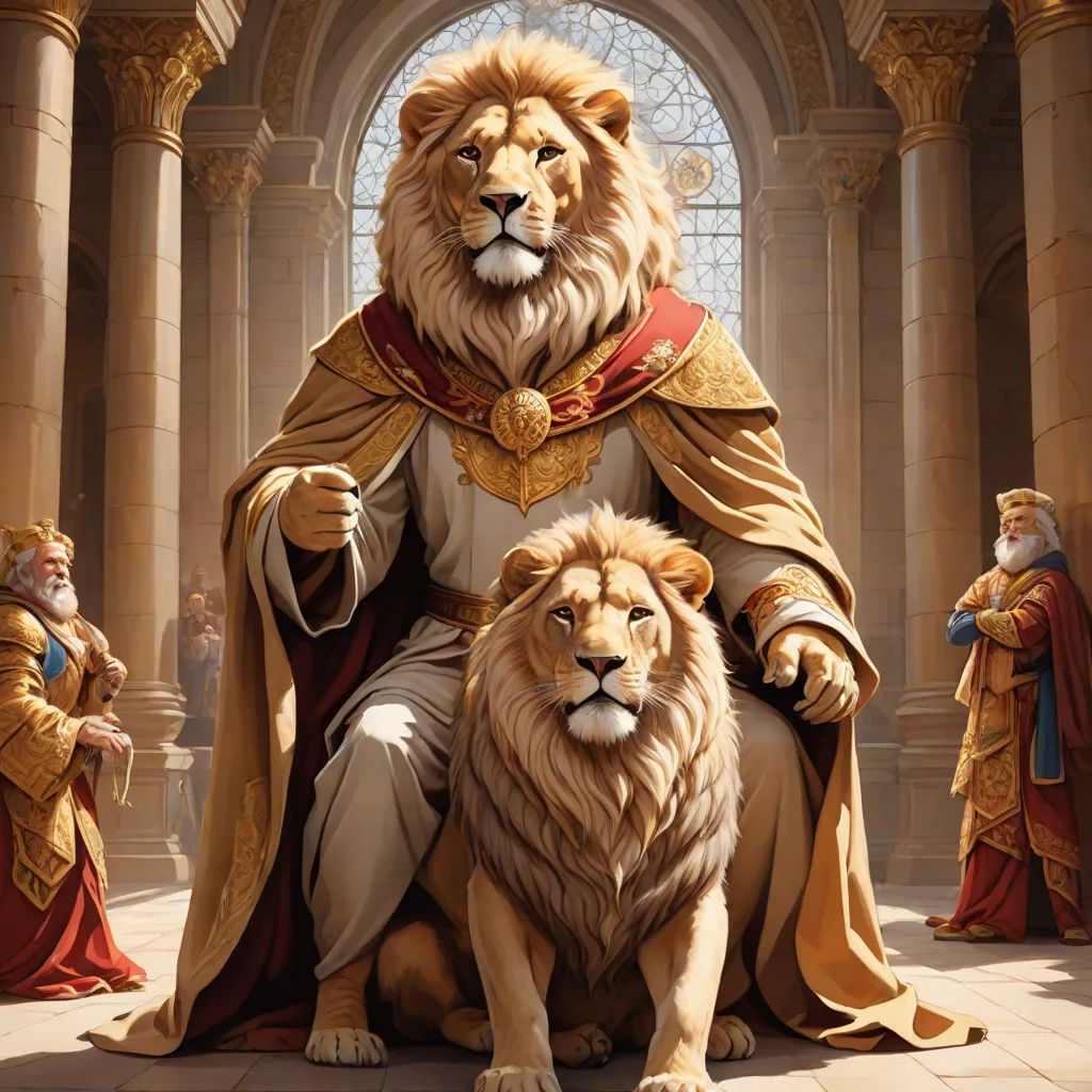 a painting of a lion and a lioness sitting on a throne in a palace with other people around, furry art, a detailed painting, Brothers Hildebrandt, regal