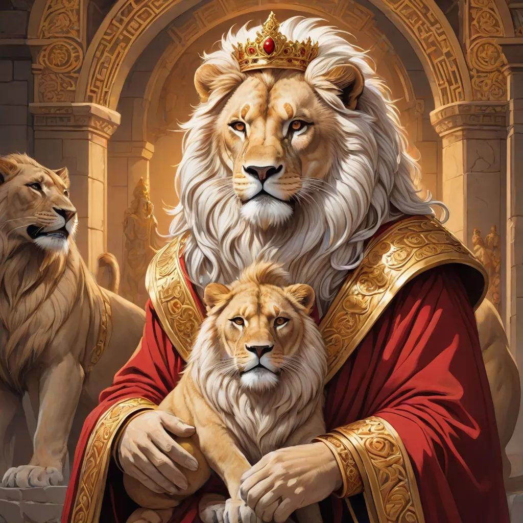 a lion and a lioness are depicted in this painting of a king and his two cubs, one of which is a lion, furry art, an oil painting, Christophe Vacher, regal