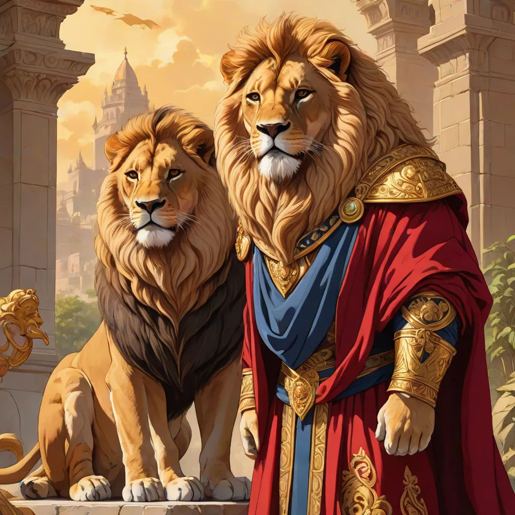a painting of two lions standing next to each other on a stone wall with a castle in the background, fantasy art, a detailed painting, Christophe Vacher, magic the gathering artwork