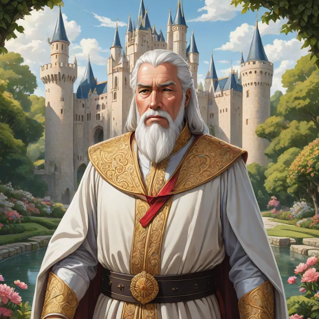 a painting of a man in a white robe and gold crown standing in front of a castle with a pond, fantasy art, a character portrait, Brothers Hildebrandt, epic fantasy character art