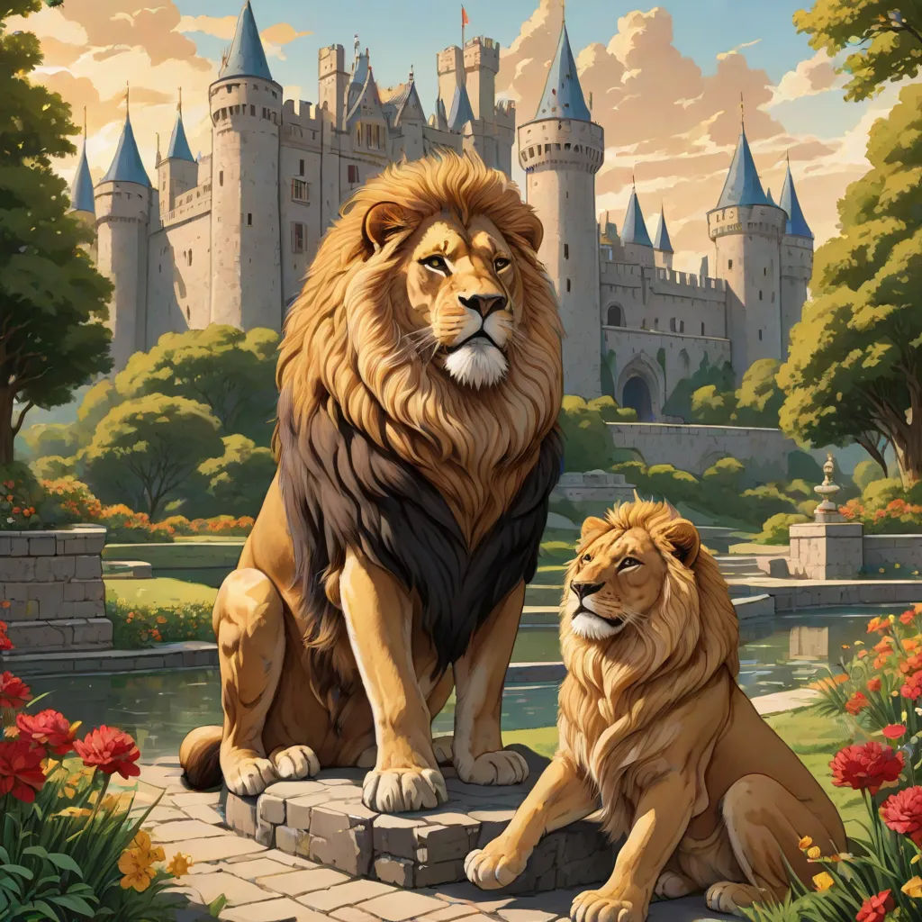 a painting of two lions sitting on a stone walkway in front of a castle with a pond and flowers, fantasy art, a detailed matte painting, Brothers Hildebrandt, highly detailed digital painting