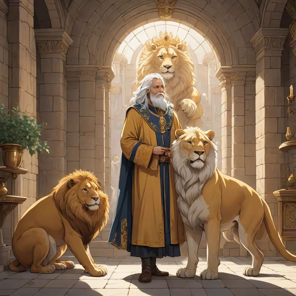a man standing next to two lions in a castle like setting with a lion statue behind him and a lion statue behind him, fantasy art, a storybook illustration, Christophe Vacher, rossdraws global illumination