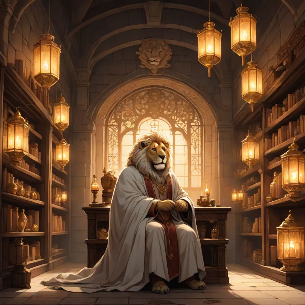 a lion sitting in a library with a robe on and a robe on his chest and a robe on his head, furry art, a storybook illustration, Chris LaBrooy, regal