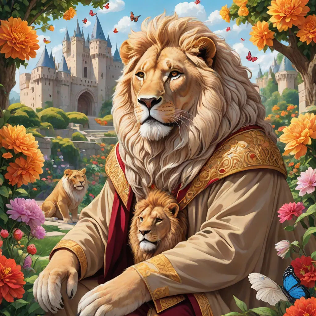 a lion and a lion cub are in a garden with flowers and butterflies, and a castle in the background, fantasy art, a storybook illustration, Chris LaBrooy, trending on furaffinity