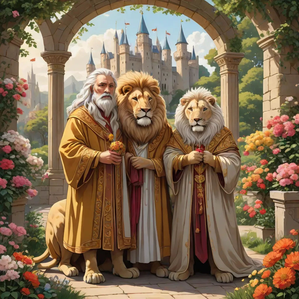 a painting of two lions and a man in a lion costume standing next to each other in front of a castle, fantasy art, a storybook illustration, Brothers Hildebrandt, kinkade