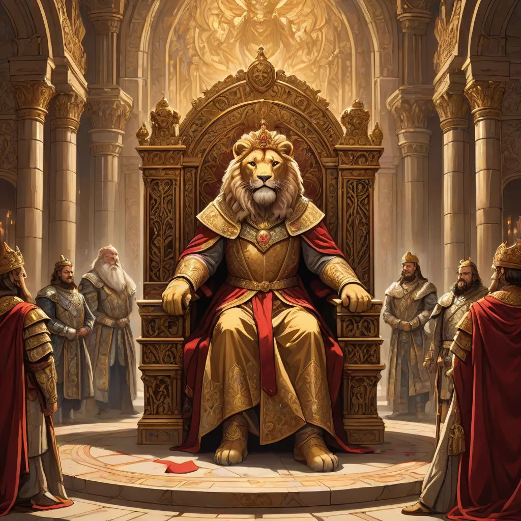 a painting of a lion sitting on a throne surrounded by men in robes and cloaks, all dressed in gold, sots art, concept art, Christophe Vacher, regal
