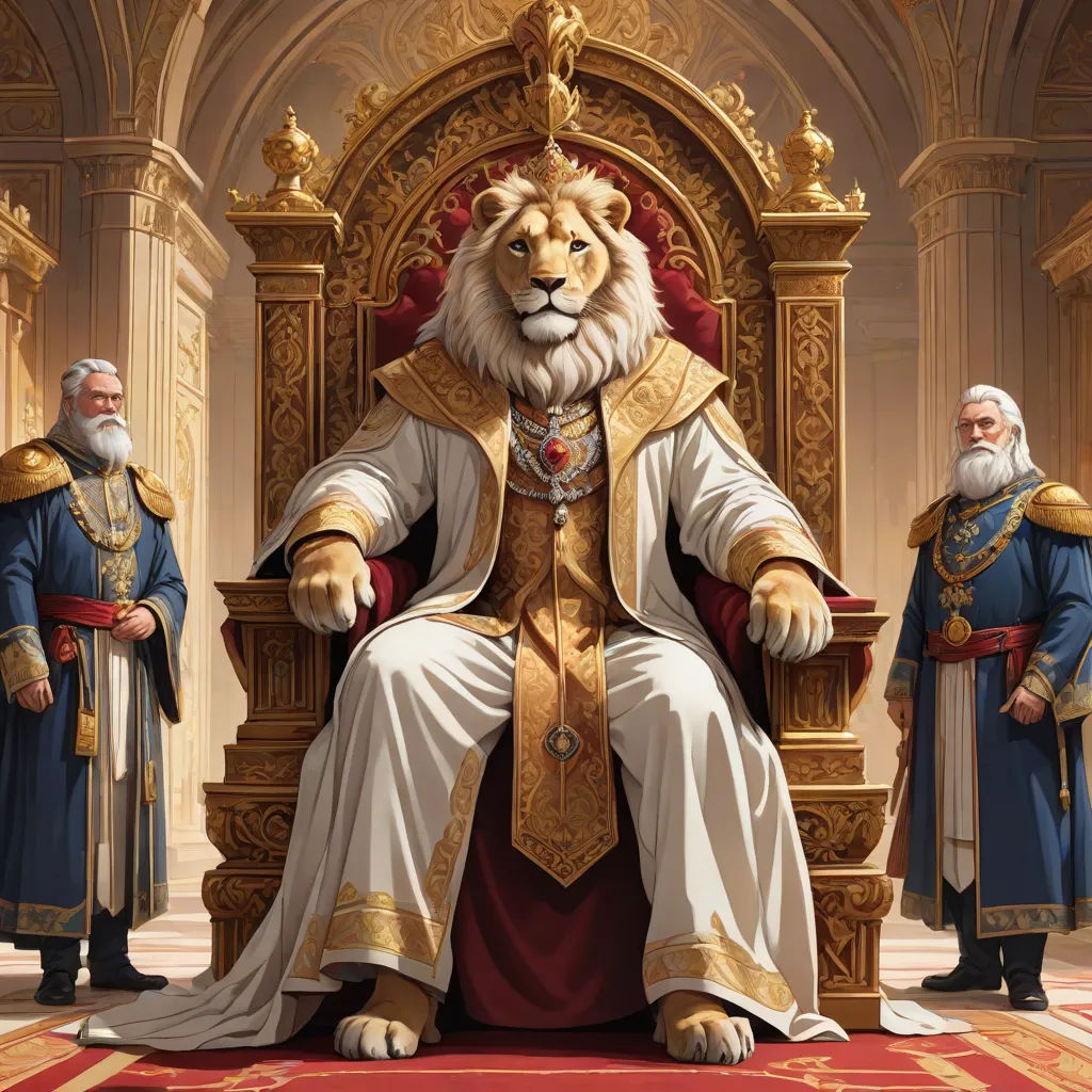 a painting of a lion sitting on a throne with other men standing around it in front of a building, furry art, concept art, Christophe Vacher, official art