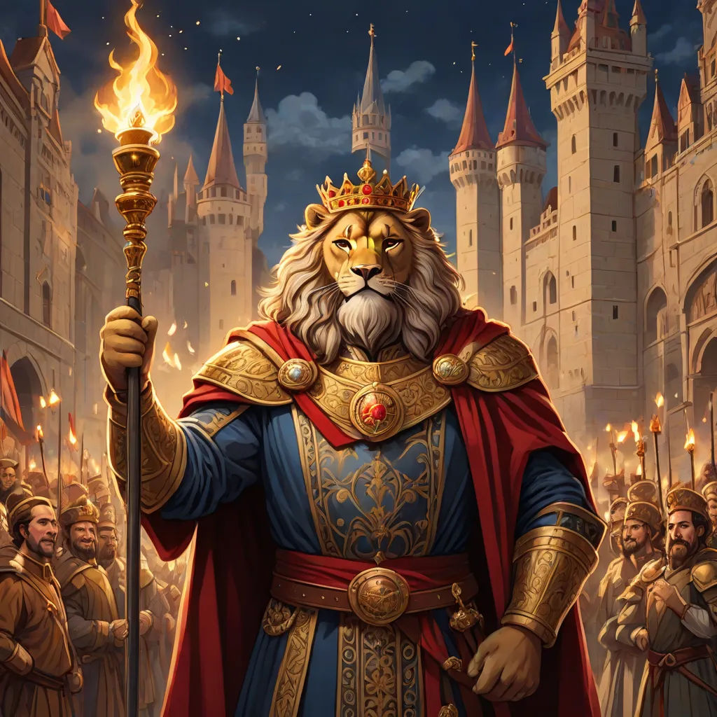 a man in a lion costume holding a torch in front of a crowd of people in medieval dress and with a lion on his shoulder, furry art, concept art, Clint Cearley, official art