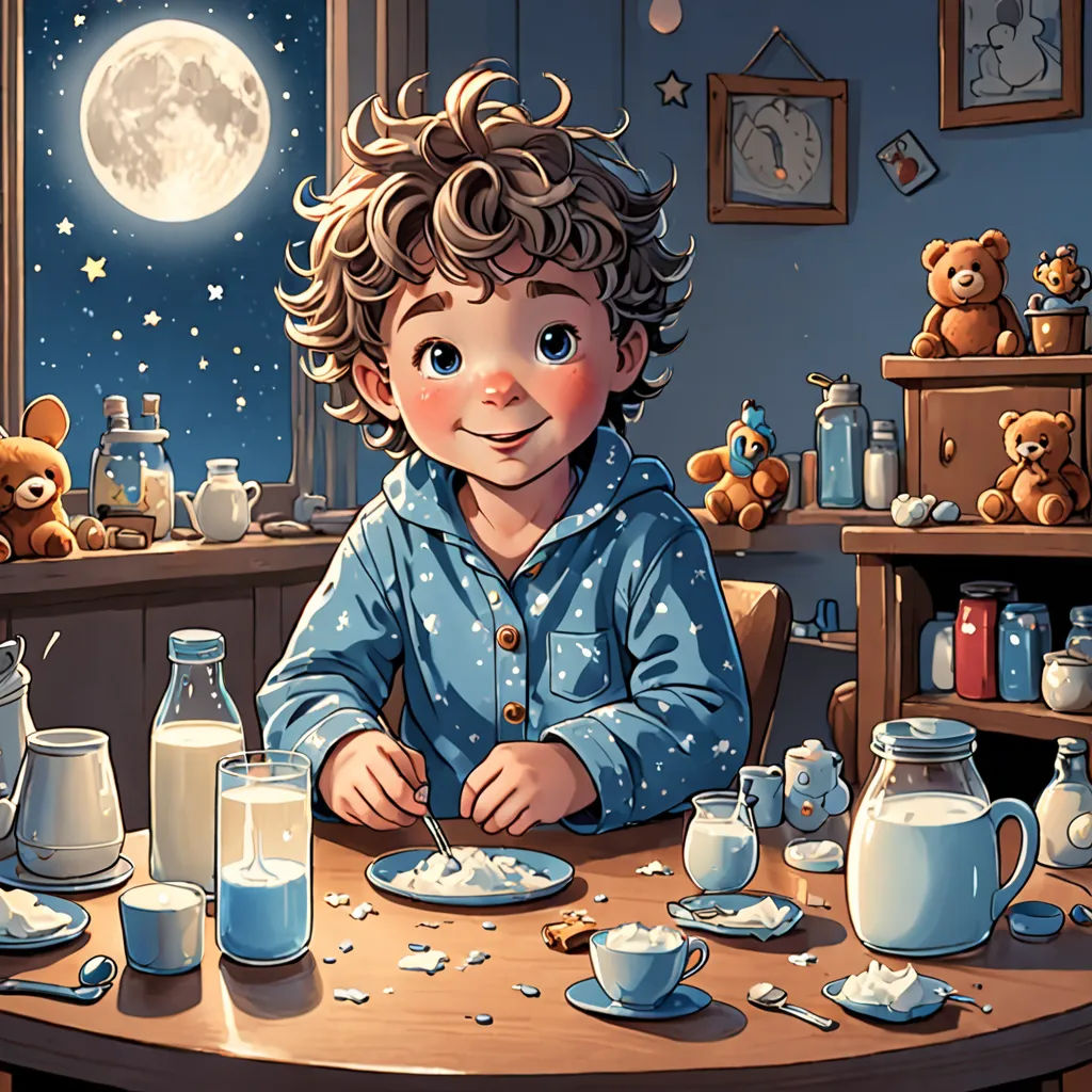 a child sitting at a table with milk and milk bottles on it, with a full moon in the background, space art, a storybook illustration, Diego Gisbert Llorens, storybook illustration